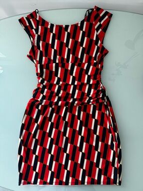 Bisou Bisou Red, Black & White Geometric Mini Dress